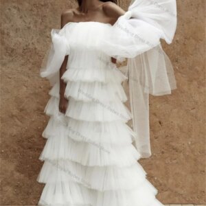 White Women Prom Wedding Dress Sexy Off Shoulder Bridal Party Gown Tiered Tulle Evening Gown Customized Skirt