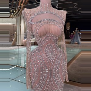 Luxury Pink Heavy Crystals Beading Prom Dresses Long Sleeves Sheath Wedding Party Night Gowns Evening Dress Robe Soirée Female