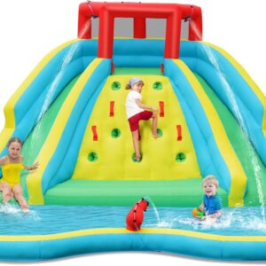 Inflatable Water Slide, Giant Kids Water Park w/ 2 Long Slides & Climbing Wall, Water Hoses & Cannon, Large Splash Pool, Outdoor