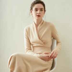 Birdtree Cashmere Wrap-up Dress Crossover V-neck Midi A-line Waist-length Over-the-knee Solid Commuting Knit Skirt
