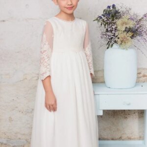Flower Girl Dresses White Satin Lace Appliques With Bow 3/4 Sleeves For Wedding Birthday Party Banquet Princess Gowns