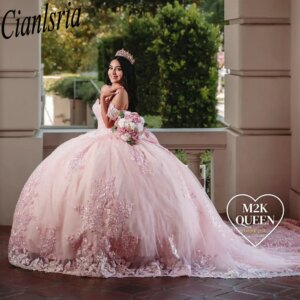Pink Off The Shoulder Bow Ball Gown Quinceanera Dresses Sequined Appliques Lace Corset Vestidos De XV Anos