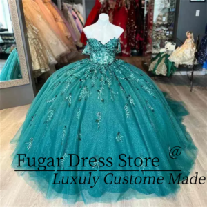 Emerald Green Crystals Ball Gown Quinceanera Dresses Off Shuolder Flowers Appliques Beading Sweet 16 Dress Vestidos De Xv Anos