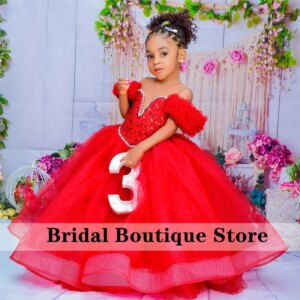 Exquisite Red Flower Girl Dress 2025 For Wedding Off Shoulder Bead Crystals Ball Gown Princess Birthday Party Gown Customized