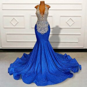 Luxury Blue Backless Prom Dresses 2025 Mermaid Long Glitter Beaded Diamond Women Formal Evening Gowns for Graduation Party