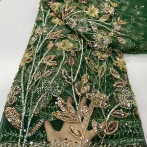 Green Lace Fabric 2025 High Quality Luxury Beaded Lace Fabric Fashion Nigerian Lace Fabric 2025 High Quality 5Yards Dress Q366-1