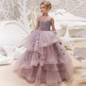Ruffles Lace Appliqued Layered First Communion Birthday Prom Party Dress Children’s Gifts Flower Girl Dresses For Wedding