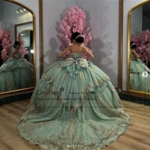Ball Gown Quinceanera Dresses With Appliques Lace Beads Mint Green Sweet 16 Birthday Party Gown Customized Vestido De VX 15 Anos