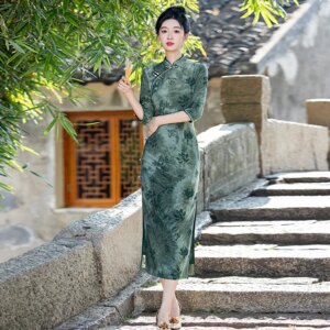 Milk Flocking Tie-Dyed High-Grade Retro Long 3/4 Sleeves Autumn New Daily Cheongsam for Women
