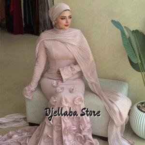Luxury Arabic Light Pink 3D Floral Appliques Islamic Evening Dress 2025 Long Sleeves Cape Customized Formal Occasion Prom Dress