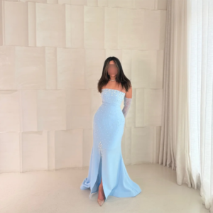 Customized Strapless Evening Dresses Backless Side Split Beading Sequined Sweep Train Prom Gown Modern Long Party Dress