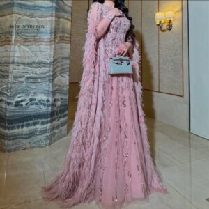 Customized Pink Feather & Sequined Evening Gown with Sleeves Modest Dresses for Arabic Weddings & Royal Banquets