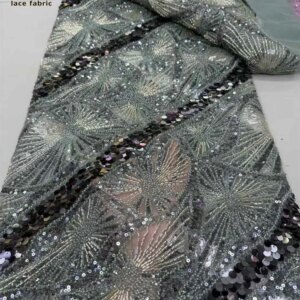 African Lace Fabric 2025 High quality 5 Yards Sequins Beads Fabric 5 Yards Sequence Lace Fabric For Woman Evening Party Dress