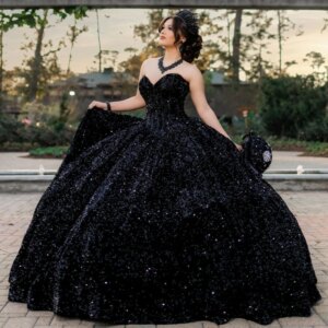 Black Shiny Quinceanera Dresses Off Shoulder Ball Gown Sweet 16 Dress Sequin Corset Birthday Party Vestidos 15 De Anos