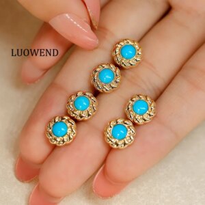 LUOWEND 100% 18K Yellow Gold Earrings Romantic Flower Design Real Natural Turquoise Stud Earrings for Women Engagement Jewelry