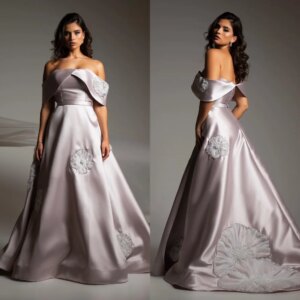 Customized Exquisite Off-the-shoulder Ball Gown Brush es Flower Rhinestone Satin Customized