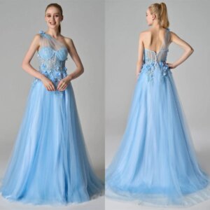 Charming Blue Prom Dresses One Shoulder Floral Lace Sleeveless Evening Dresses Vintage Sweep Train Customized Party Gowns