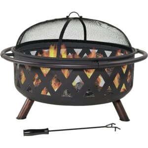 Black Crossweave Steel Wood-Burning Outdoor Fire Pit – Includes Spark Screen, Poker and Cover – 36-Inch Round