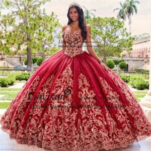 Mexico Red Shiny Quinceanera Dress For 16 Girl Gold Appliques Lace Beading Tull Customized Ball Gowns Birthday Sweet 16 15 Dress