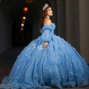 Customized Blue Princess Quinceanera Dresses Ball Gown Long Sleeves Appliques Sparkle Sweet 16 Dresses 15 Años