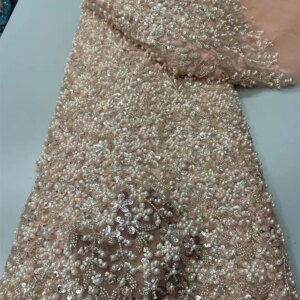 New Design Elegant Peach French Beads Net Lace Luxury African Nigerian Sequins Tulle Lace Fabric For Wedding Party Dress W527-1