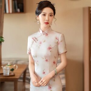 Women’s long slim-fit silk cheongsam mid-length daily wear