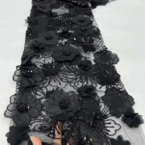 Black French Tulle Beads Lace Fabric African Lace Fabric 2024 High Quality Nigerian Embroidery 3D Lace Fabric For Wedding Sewing
