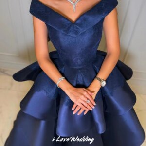 Dark Blue Off the Shoulder Prom Dresses 2025 Satin Lace Appliques Multi-Layered A-Line Evening Dresses Floor-Length Customized