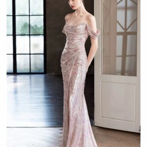 Luxury Pink Prom Dress Mermaid Strapless Off Shoulder Sequins Court Train Beading Formal Evening Cocktail Toast Party Gowns