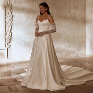 Customized Sweetheart With Peals 3/4 Sleeveless A-line Wedding Dress Backless Satin Skirt With Lace Zipper Bridal Gowns