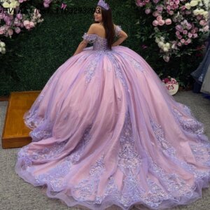 EVLAST Customized Glitter Lavender Lace Ball Gown Quinceanera Dress Crystal Beaded Corset Sweet 16 Vestidos De 15 Anos E1Q554