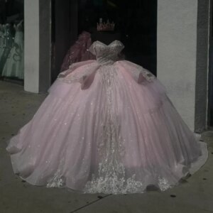 Light Pink Shiny Quinceanera Dresses Off The Shoulder Ball Gown Applique Lace Beads Tull Corset Sweet 16 Dress Vestido De 15 Ano