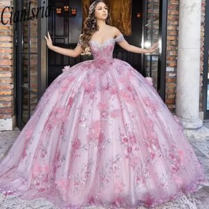 Pink 3D Flowers Sequined Appliques Lace Quinceanera Dresses Ball Gown Off The Shoulder Sweet 15 Años Mexican Customized