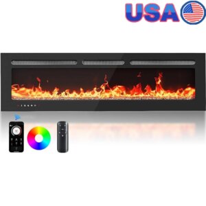 60 Inch Electric Fireplace Smart App Remote Control Wall Mounted or Recessed 5300 BTU Multi Color Flame Effect Timer Overheat