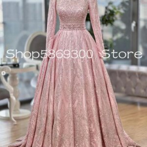Sparkly Pink Muslim Arabic Prom Formal Dresses 2025 Long Sleeve Gillter Applique Caftan Morocca Evening Gown Outfit customsized