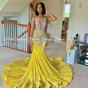 Yellow Sparkly Mermaid Prom Reception Party Dresses for Black Girl Luxury Crystal Gillter Long Evening Birthday Gala Gown Custom