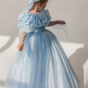 Light Blue Princess Flower Girl’s Dresses Floral Bow Off the Shoulder Fairy A-line Tutu Dress Kids Evening Gowns For Wedding