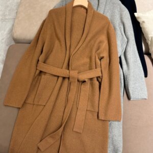 High-quality luxurious solid color pure cashmere long belt wrap-up cardigan