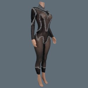 Fashion See Through Mesh Sparkly Jumpsuit Birthday Night Party Outfit Sexy Women Tight Fitting Jumpsuit Dance Wear Bandiangou