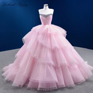 Lceland Poppy Customized Ball Gown Tiered Tulle Evening Dresses Strapless Pleated Formal Evening Gowns with Crystal Beads