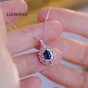 LUOWEND 100% 18K White Gold Necklace Vintage Palace Style Shiny Diamond Natural Sapphire Necklace for Women High Wedding Jewelry