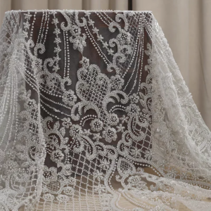Ornate Delicate Pearls Lace Unique Pattern With Machine Beaded and Sparkling Sequins Fabric for Bridal Wedding Dress