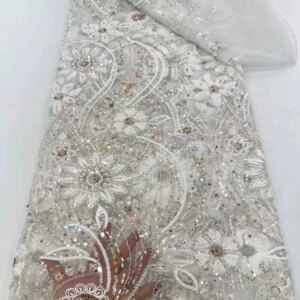 High Quality African Gold Handmade Beaded Lace Fabirc 2025 Sewing sequins Embroidery Nigreian Lace Fabric Women Wedding Dress