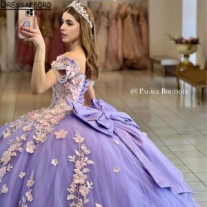 Lilac Quinceanera Dresses Princess Purple Sweetheart Appliques Lace 3D Flowers Big Bow Ball Gown with Plus Size Sweet 16