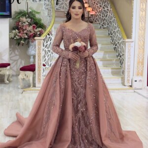 Dusty Pink Muslim Long Sleeve Evening Dresses With Detachable Overskirt Bride Plus Size Wedding Party Gowns Customized for Prom
