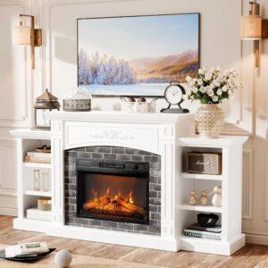 70” Electric Fireplace with Mantel, Fireplace TV Stand for TVs Up to 90”, Media Entertainment Center Console Table