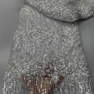 African Heavy Beaded Net Lace Fabric 2024 High Quality Groom 5 Yards Nigerian Sequins French Tulle Lace Fabric For Wedding Party