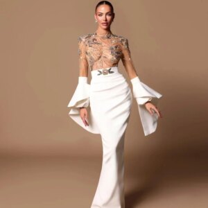 Elegant Beaded Satin Sheath Evening Dress High Collar Long Sleeve Wedding Party Gown New Customized Sexy Illusion Prom Dresses