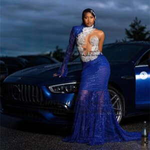 African Mermaid Prom Dresses For Black Girls With Appliques Beaded Evening Gown Long Customized Party Gala robes de soirée