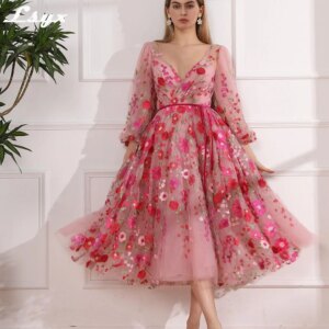 LSYX Pastrol Tea-Length Prom Dresses V-Neck Long Sleeves Exquisite Lace Appliques Evening Gown A-line Birthday Party Dresses